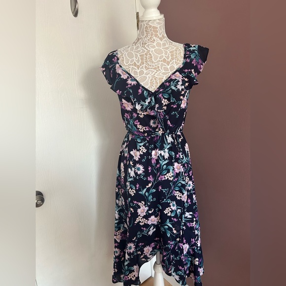 SOCIALITE - Ruffle Trim Wrap Dress - Navy Purple Floral - Summer Dress - Picture 3 of 11